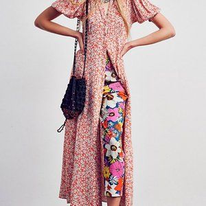 NWT Free People Small Debbie Floral Jean Shirt Dress Maxi Duster empire waist